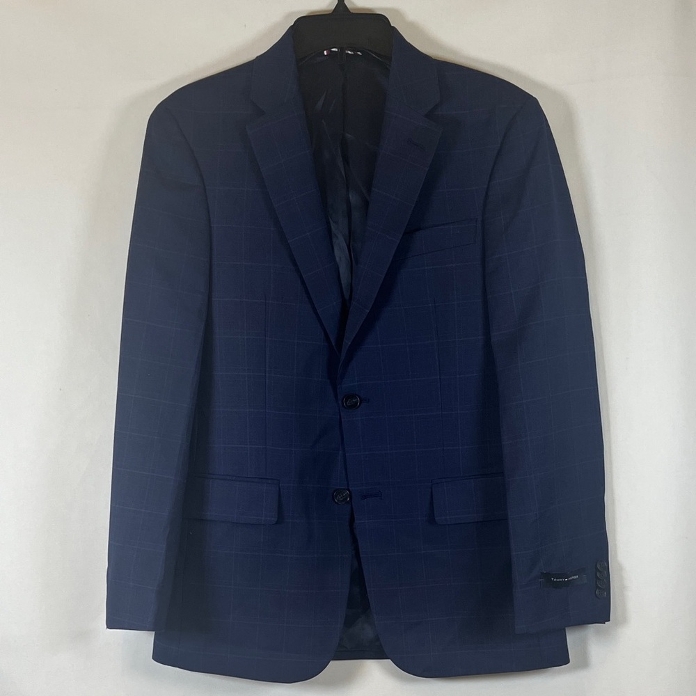 Tommy Hilfiger Men's 36R Modern Fit Wool Blend Blazer Navy Windowpane Sportcoat
